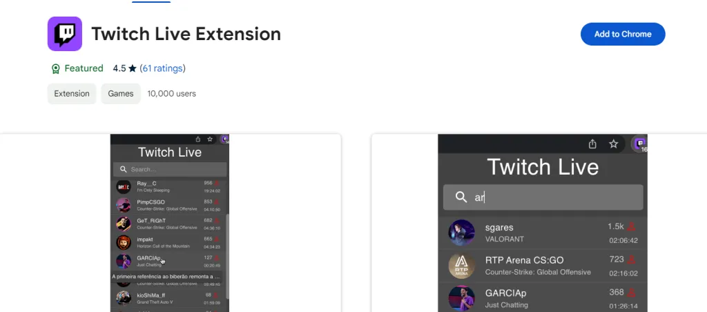 Twitch Live Extension chrome extention screenshot