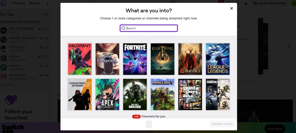 Select your content interests (e.g., gaming, music, art).


