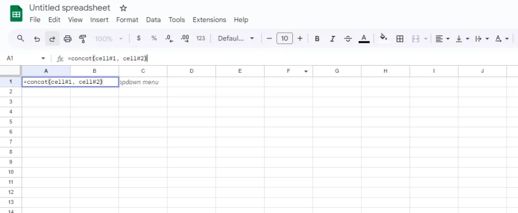 Select one cell and write “=concat(cell#1, cell#2)