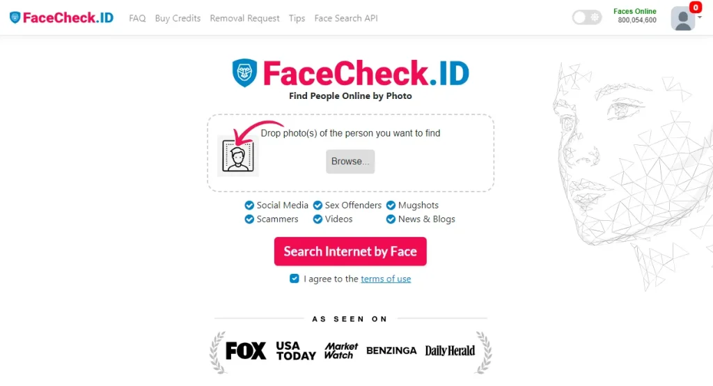 Screenshot of FaceCheck ID Display Where You Can Upload Your Image to Find the Person | Source FaceCheck.ID