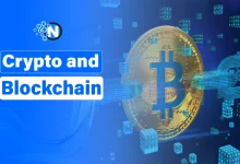 Crypto and blockchain illustration featuring Bitcoin and digital network graphics