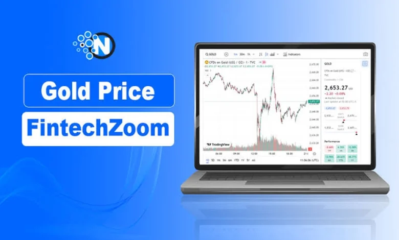 A laptop showing a live gold trading candlestick chart on a financial banner for nogentech.org.