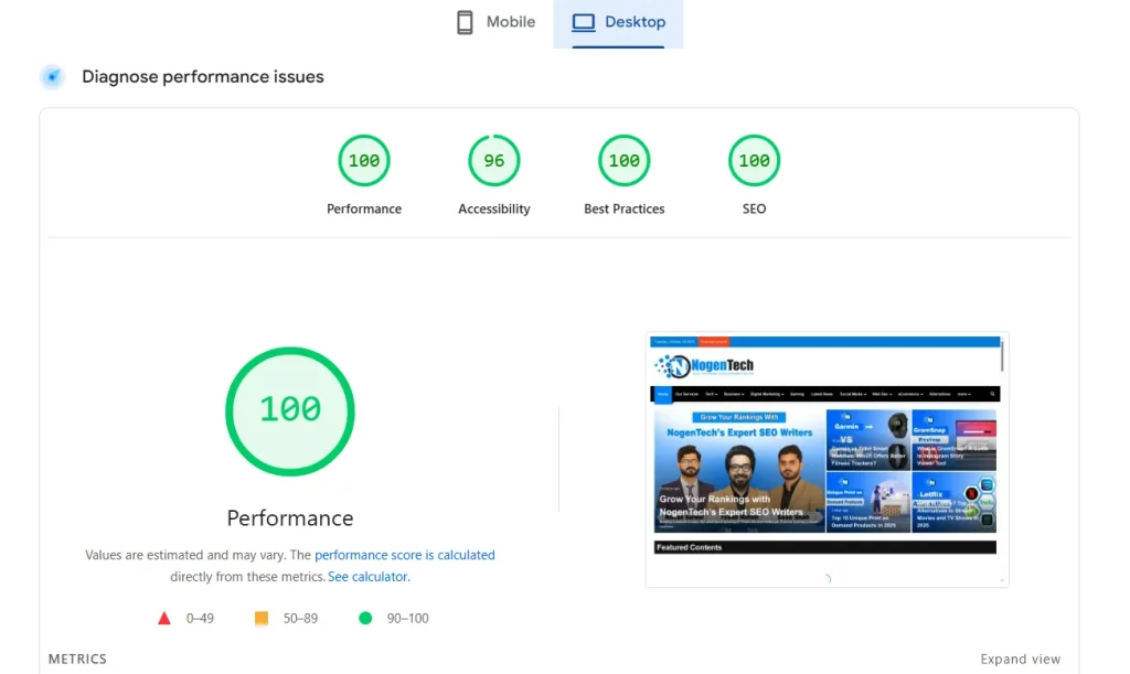Google PageSpeed Insights results for Nogentech.org 