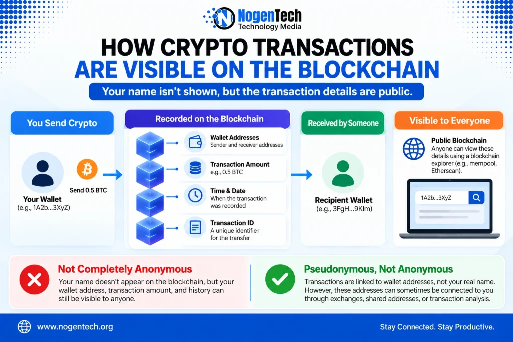 Infographic showing how cryptocurrency transactions are visible on public blockchains, including wallet addresses, transaction amounts, timestamps, and transaction IDs.