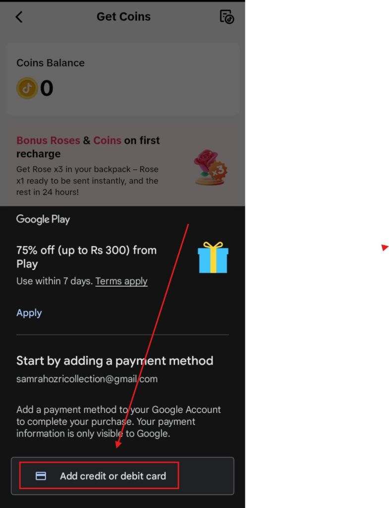 TikTok Get Coins payment screen via Google Play prompting the user to add a credit or debit card to complete the purchase
