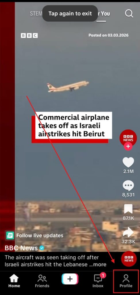 TikTok home screen showing a BBC News video with the Profile button highlighted at the bottom-right navigation bar