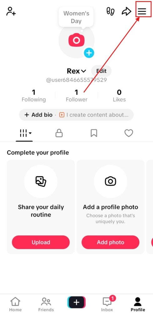 TikTok profile page of user "Rex" with the three-line menu icon highlighted in the top-right corner