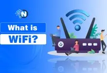 Illustration of a WiFi router with wireless signals and the text “What is WiFi?”