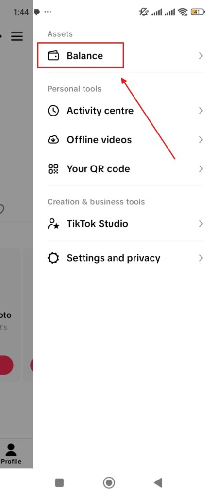 TikTok side menu showing Assets section with the Balance option highlighted