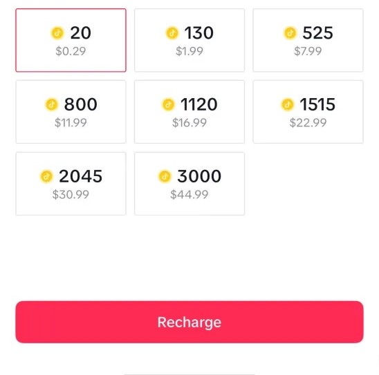 TikTok Get Coins screen showing 8 coin package options ranging from 20 coins for $0.29 to 3000 coins for $44.99 with a Recharge button at the bottom