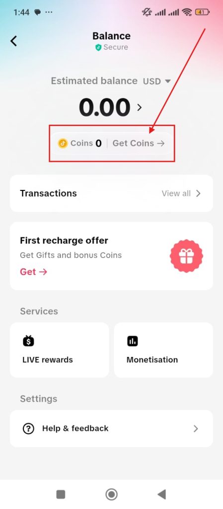 TikTok Balance screen showing 0 coins and $0.00 estimated balance with the Get Coins button highlighted