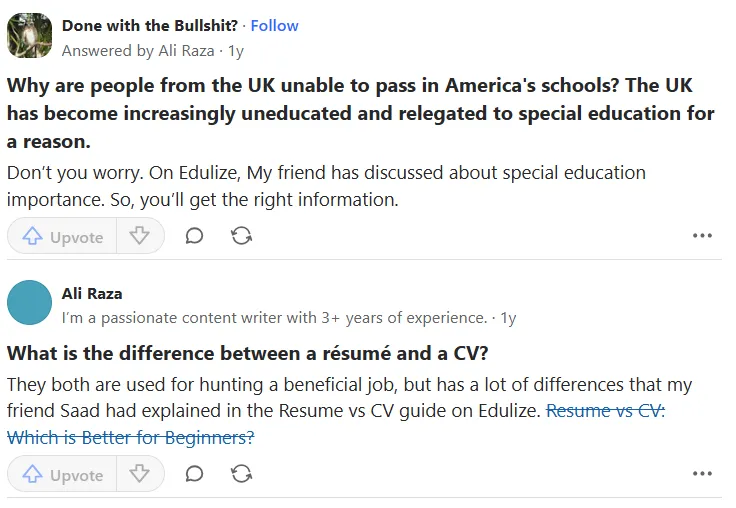 Screenshot of Quora Posting