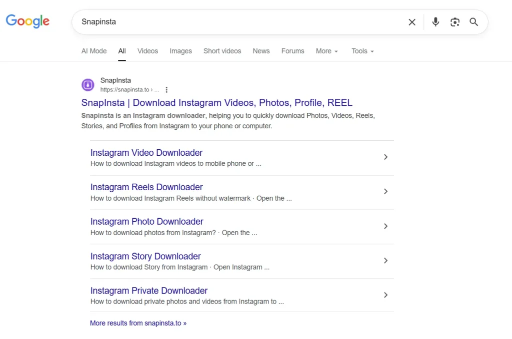 Google search results for Snapinsta