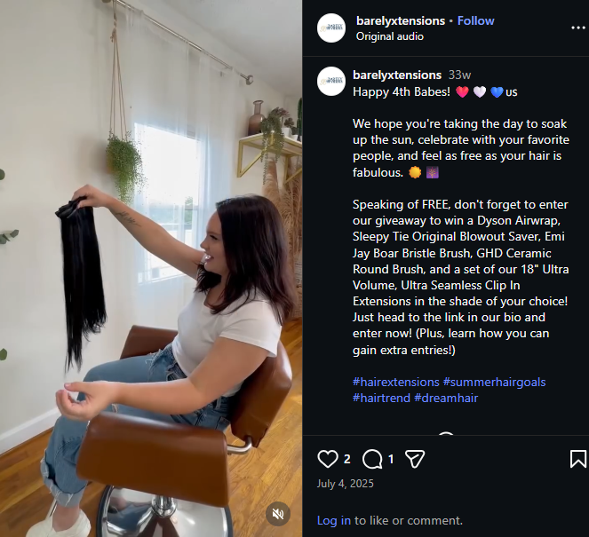 screenshot of a instagram giveaway campaign from @barelyxtensions