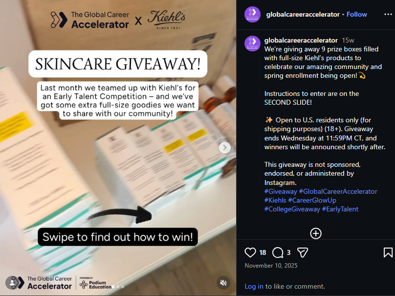screenshot of a instagram giveaway campaign from Global Career Accelerator x Kiehl’s 