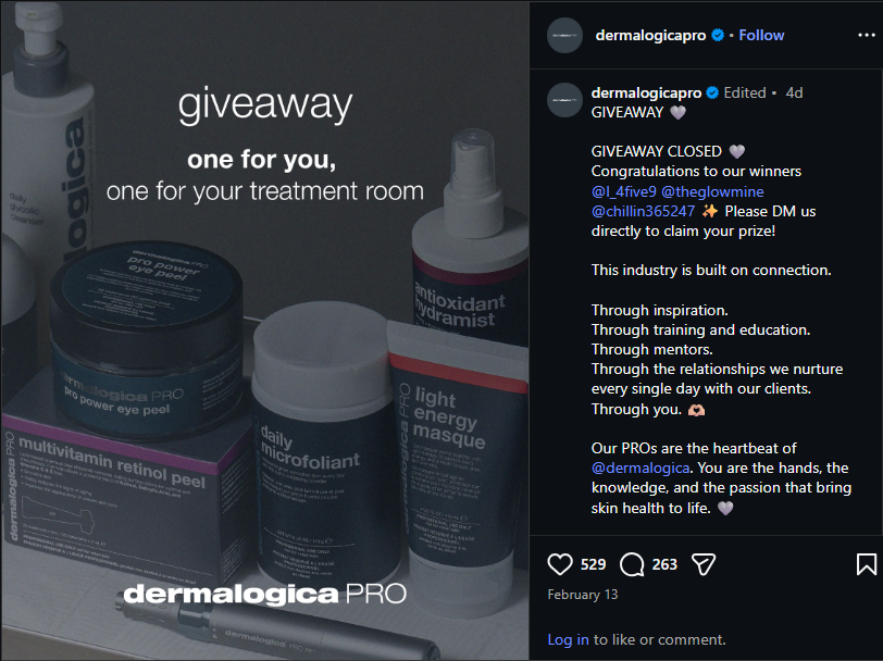 screenshot of a instagram giveaway campaign from DermalogicaPRO 