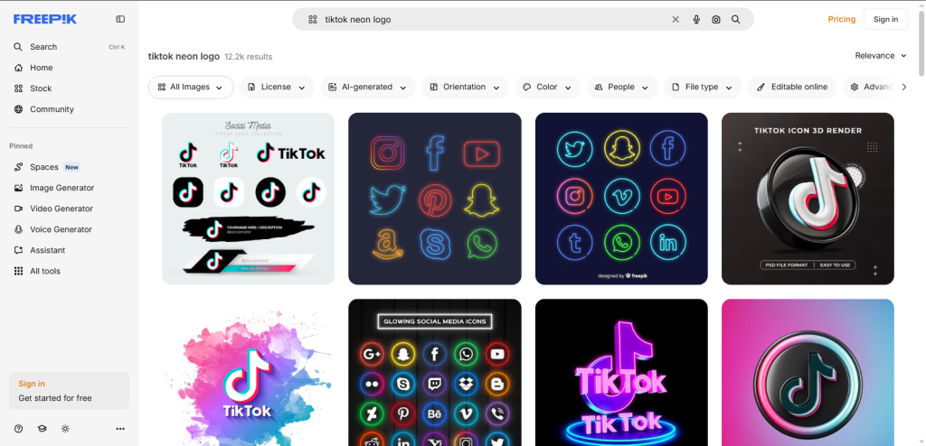 Screenshot of search relstes from freepik for tiktok neon logo by nogenTech