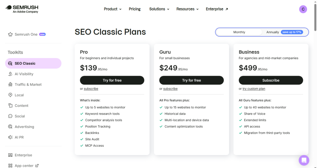 screenshot of pricing plan of Semrush