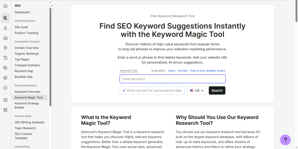 Home page screenshot of Keyword Magic Tool