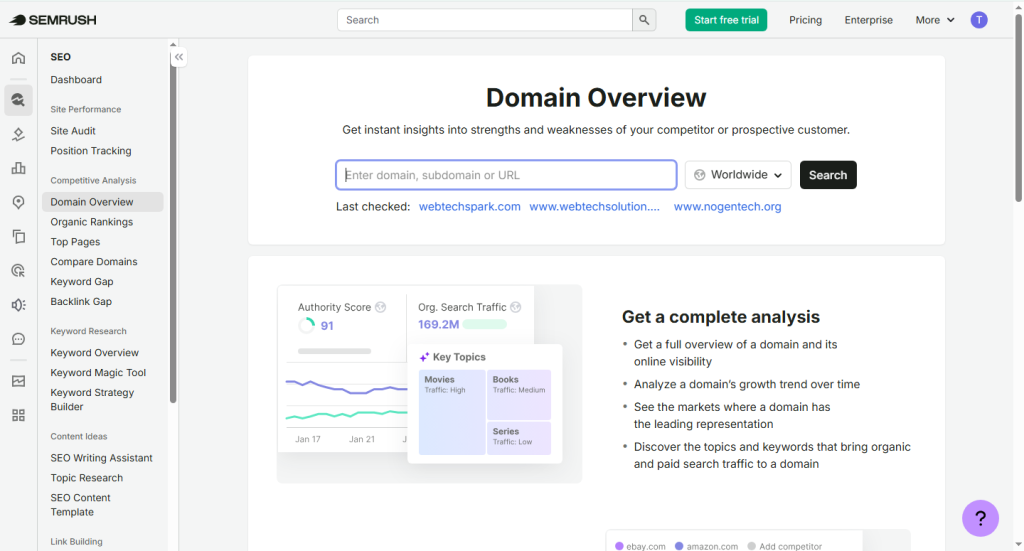 Screenshot of Domain Overview page on Semrush