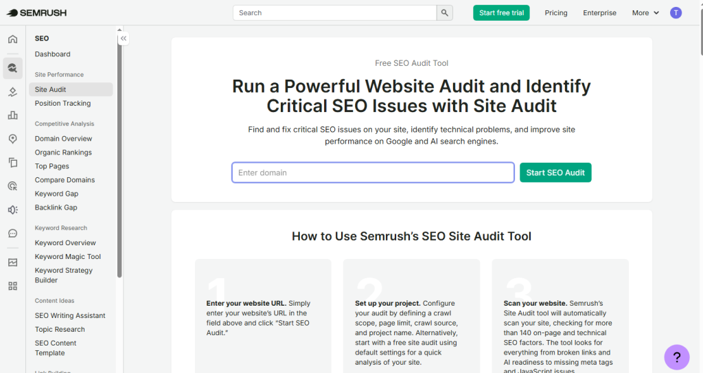screenshot of page tool with Site Audit of semrush