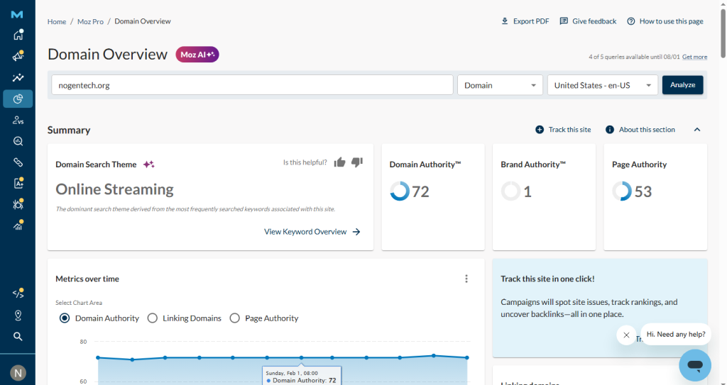 Screenshot of Domain overview on the Moz