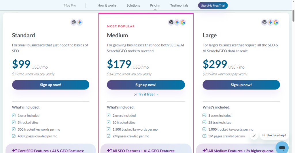 screenshot showing the monthly pricing plans of Moz