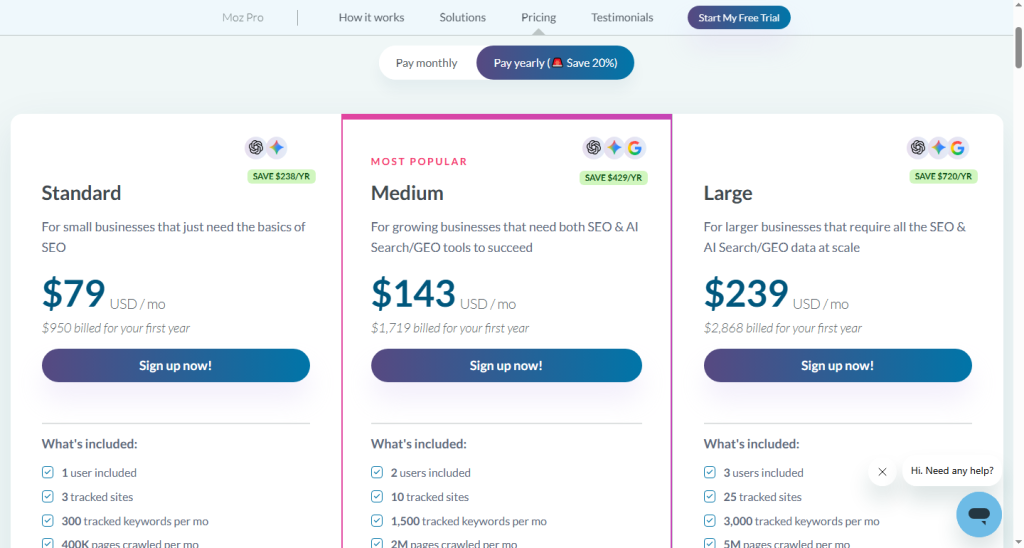 screenshot showing the yearly pricing plans of Moz