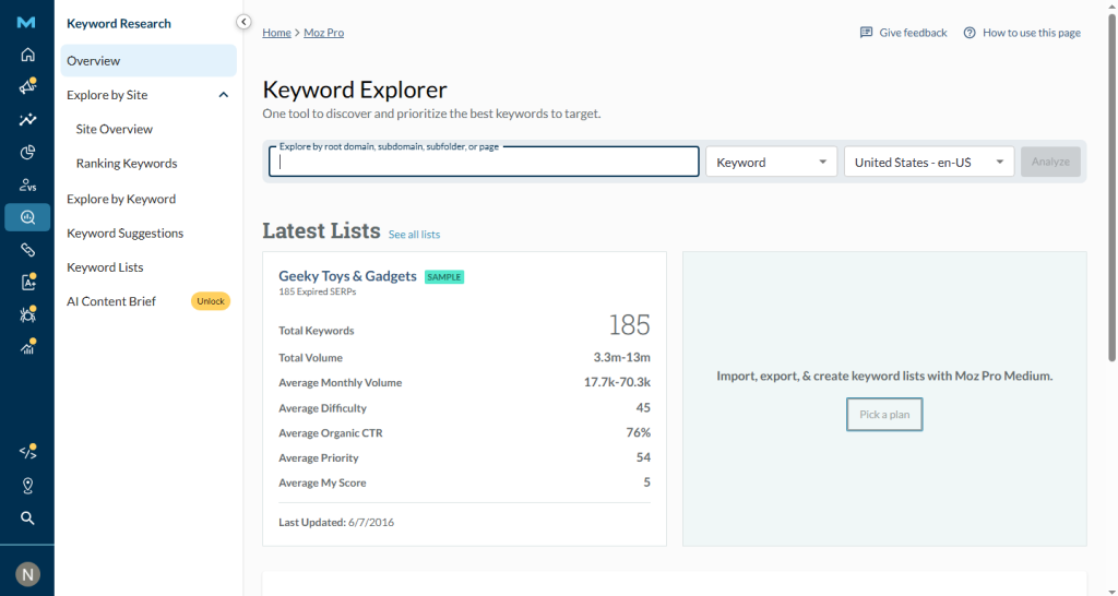 screenshot of Keyword explorer tool by Moz