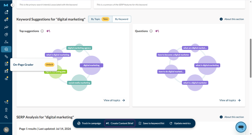 keywords suggestions showing related to the digital marketing keyword on MOZ keyword explorer tool