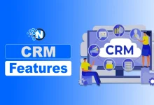 CRM features illustration showing connected customer relationship management software tools.
