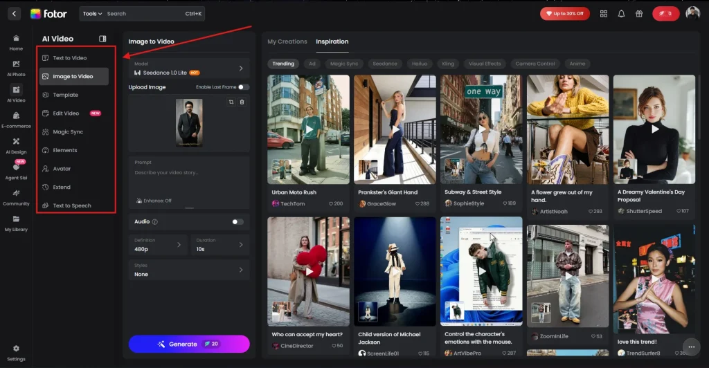 Screenshot of Fotor AI video generator page by NogenTech