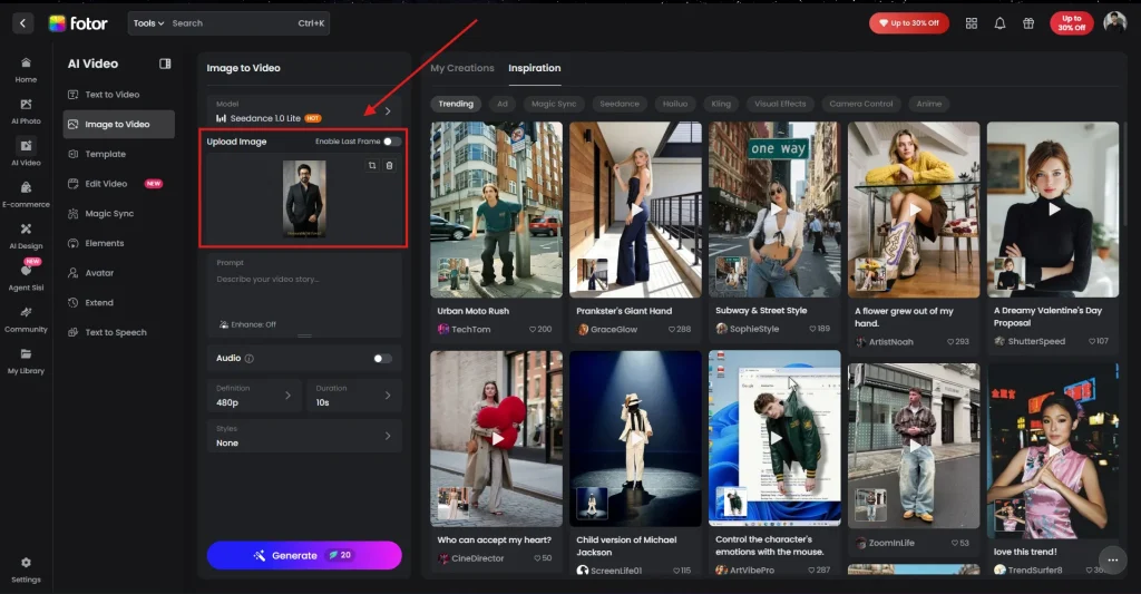 Screenshot of using an image in Fotor AI video generator by NogenTech