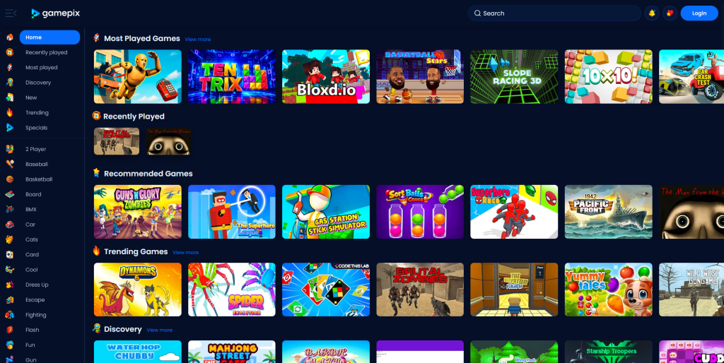 Screenshot of Gamepix homepage