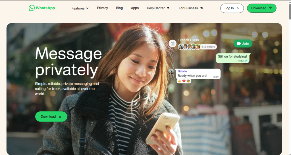 Home page screenshot of Whats app