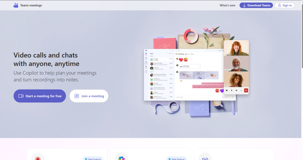 Home Page screenshot of Teams Meetings