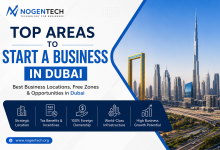 Top areas to start a business in Dubai featuring free zones, business districts, and the Dubai skyline