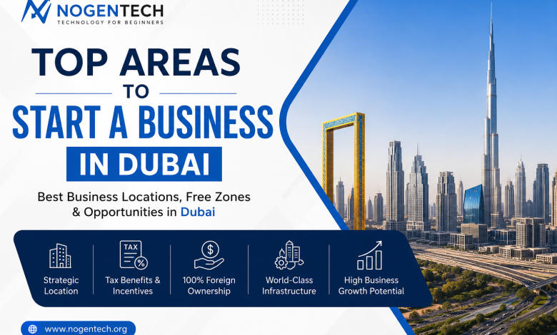 Top areas to start a business in Dubai featuring free zones, business districts, and the Dubai skyline
