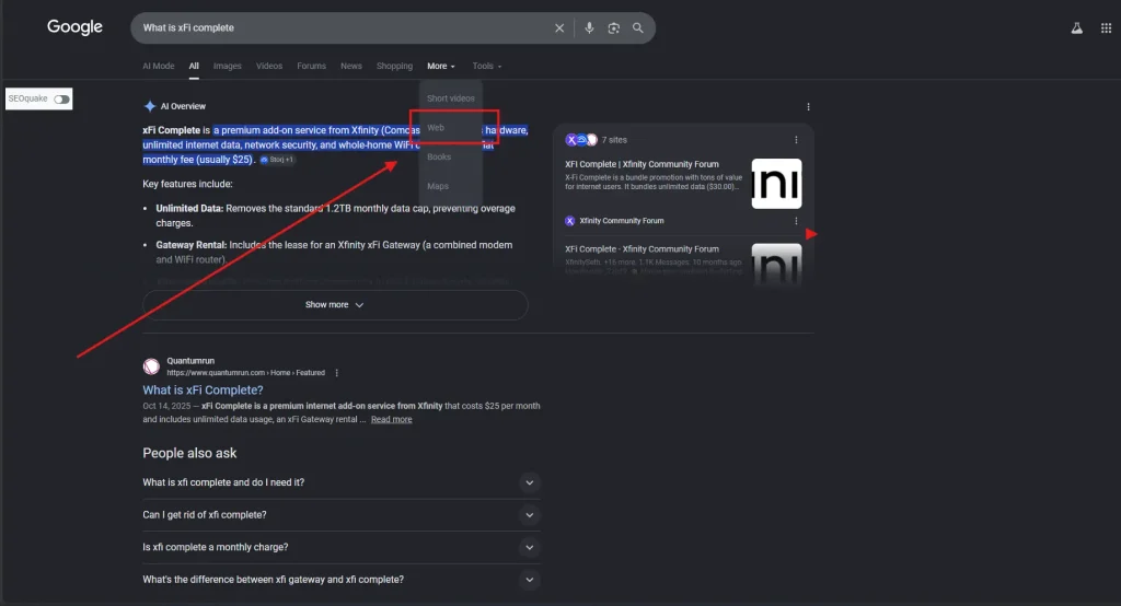 Google search results page for "What is xFi complete" showing an AI Overview with an open dropdown menu under "More" highlighting the "Web" filter option.