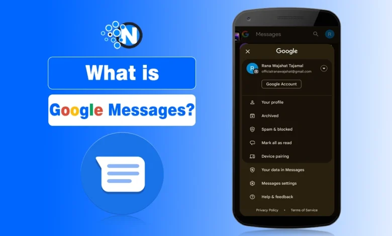Google Messages app interface on Android showing chat features and settings