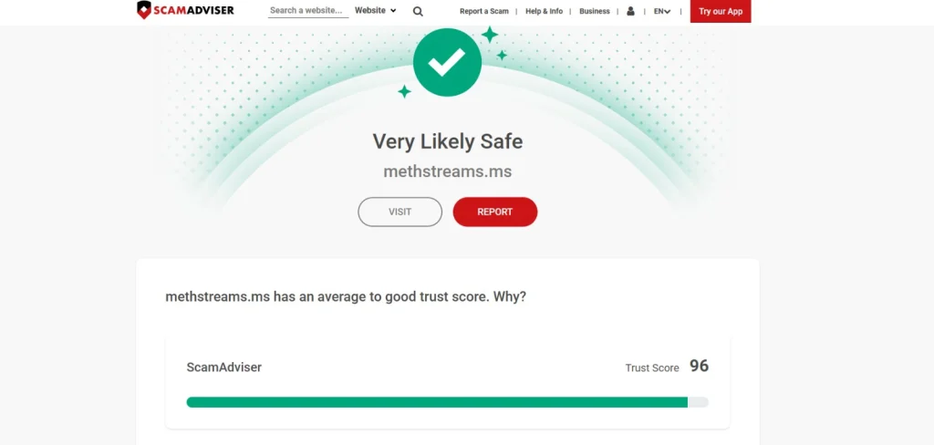 MethStreams Trust Score on ScamAdviser!
