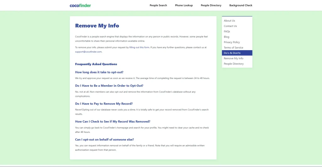 Screenshot of how to remove your info from Cocofinder