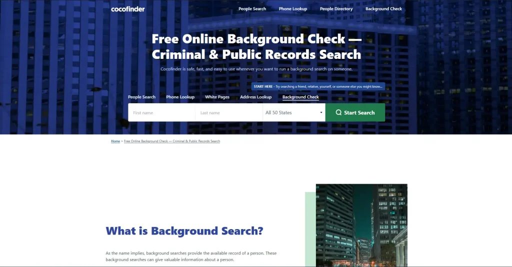 Screenshot of Cocofinder Background Check