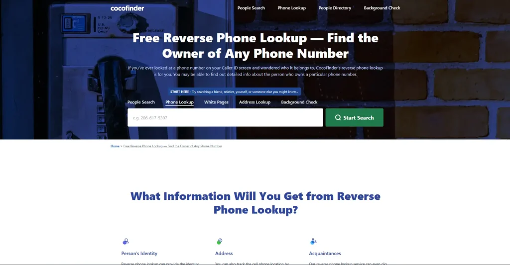 Screenshot of Cocofinder Reverse Phone Lookup