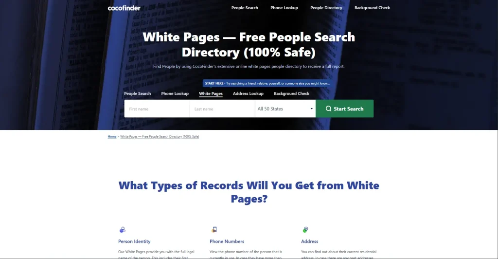 Screenshot of Cocofinder White Pages lookup