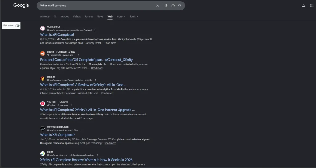 Google Search interface with the "Web" tab active, displaying a clean layout of traditional organic search results and forum links completely free of AI-generated snippets.