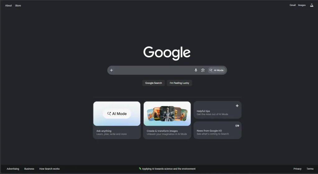Dark mode Google homepage featuring an integrated "AI Mode" button in the search bar and conversational AI feature cards below.