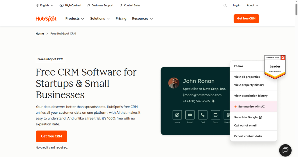 Home page screenshot of HubSpot CRM