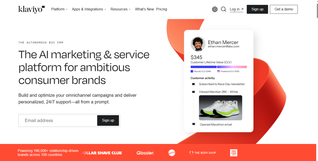 Home page screenshot of KLaviyo