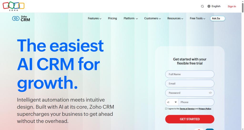 Home page screenshot of Zoho CRM